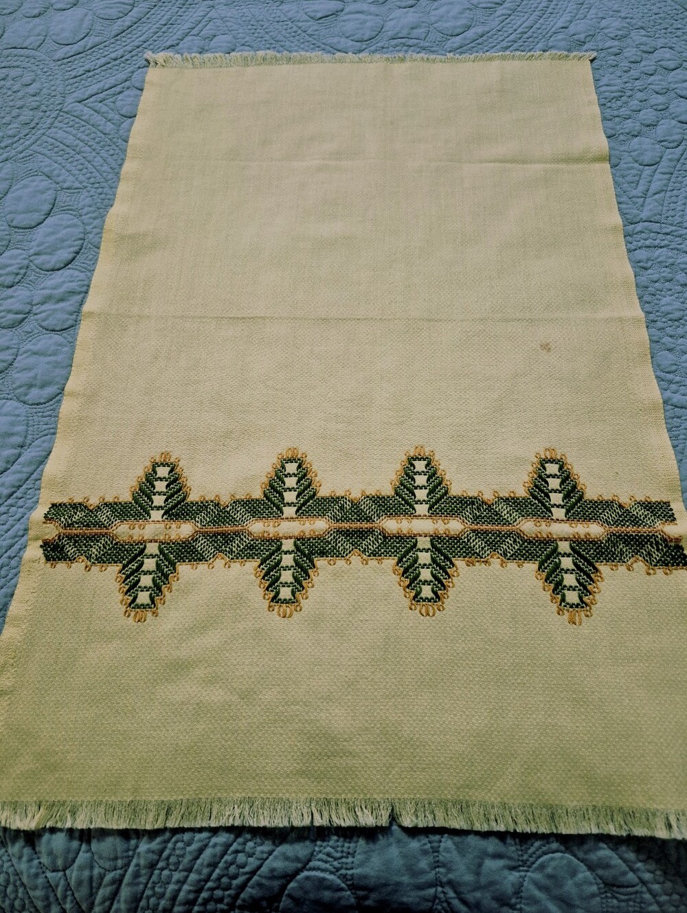 1960's Bright Yellow Dish Towel with Green And Gold Embroidered Band.